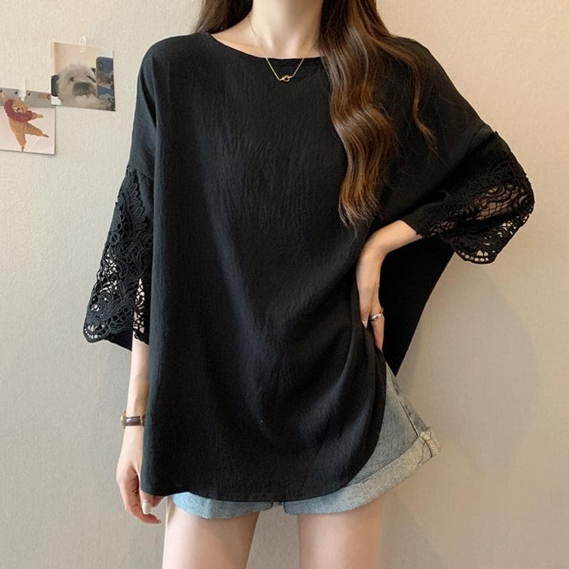 Plus Size Lace Splicing Short-Sleeved T-Shirt 150kg Summer Fat Man Chic Loose Versatile Mid-Length Top Women's Clothing