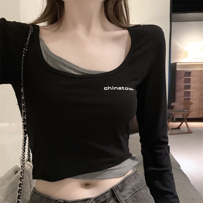 Illusiont Women's Long Sleeve Cropped Navel-Revealing Tight T-Shirt Pure Desire Aesthetic Outerwear Early Autumn Fashion