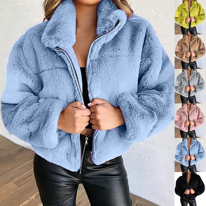 2023 Cross-border Amazon European and American Women's Autumn/Winter Rabbit Fur Faux Fur Zip-up Cardigan Plush Warm Coat