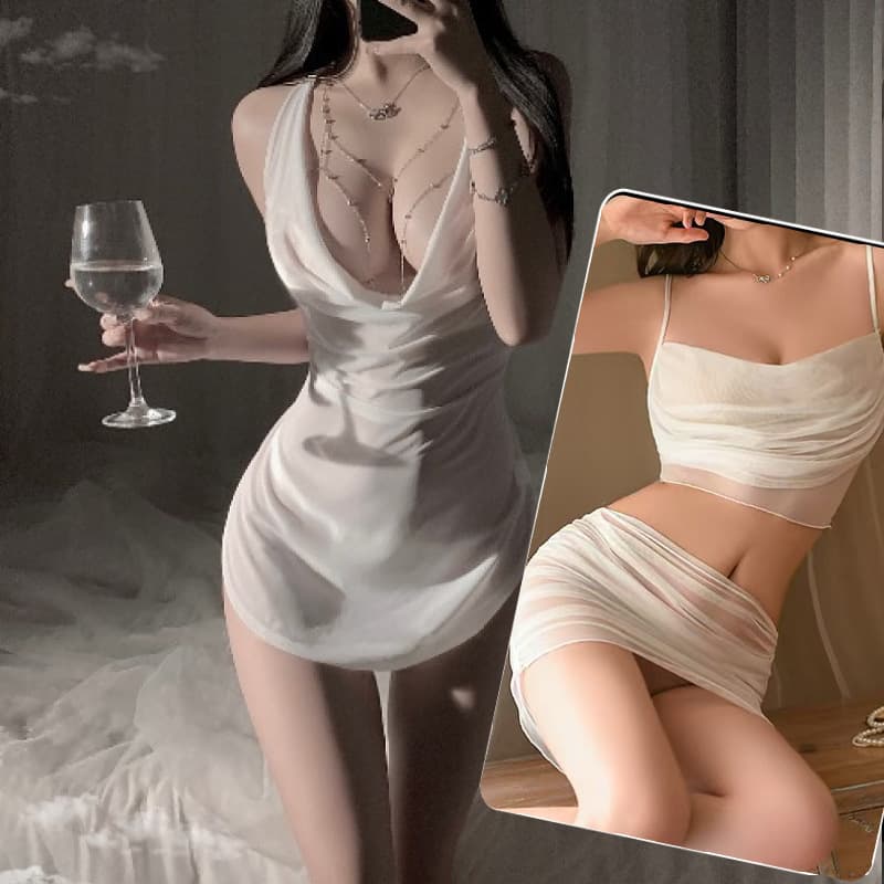 Sexy Stacked Collar Halter Tie Bodysuit Set Lingerie Pure Desire Sheer Temptation Silky Easy-Off