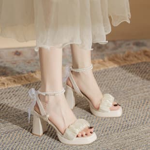 8.5cm Pearl French Stunning High Heel Sandals for Women, Summer Thick Sole Platform Chunky Heel White High Heels
