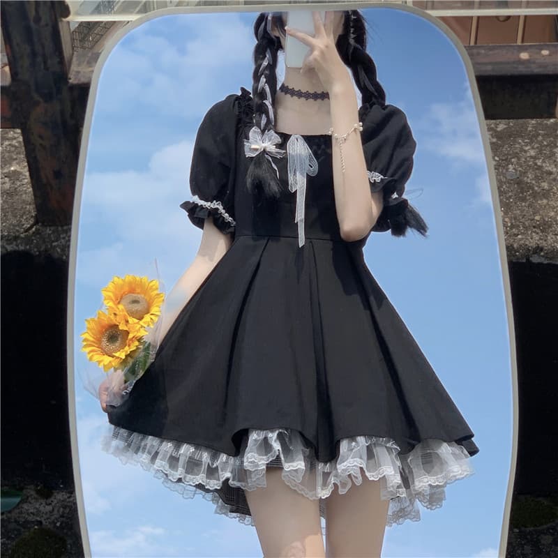 French Hepburn style little black skirt for women summer new lace splicing dress strappy skirt