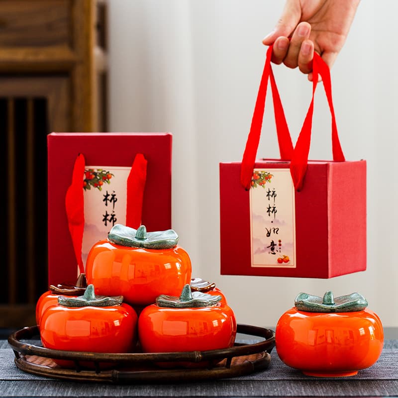 Everything Goes Well" Persimmon Jar Ceramic Tea Caddy Simulated Persimmon Ornament Tea Storage Canister Sealed Container Gift Set