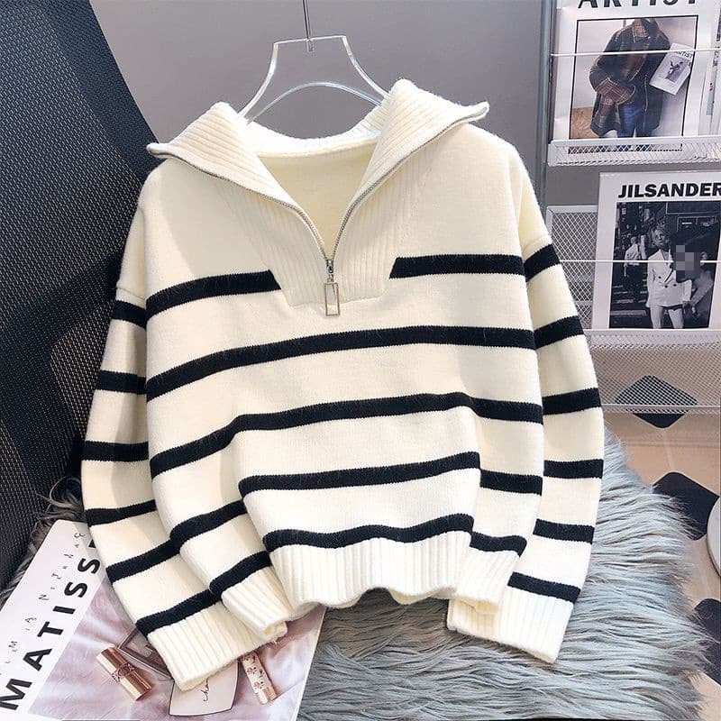 Women's Sweater Autumn Winter Thickened Inner Wear 2026 New Style Zippered Striped Base Shirt Short Style Hot-Selling High-End