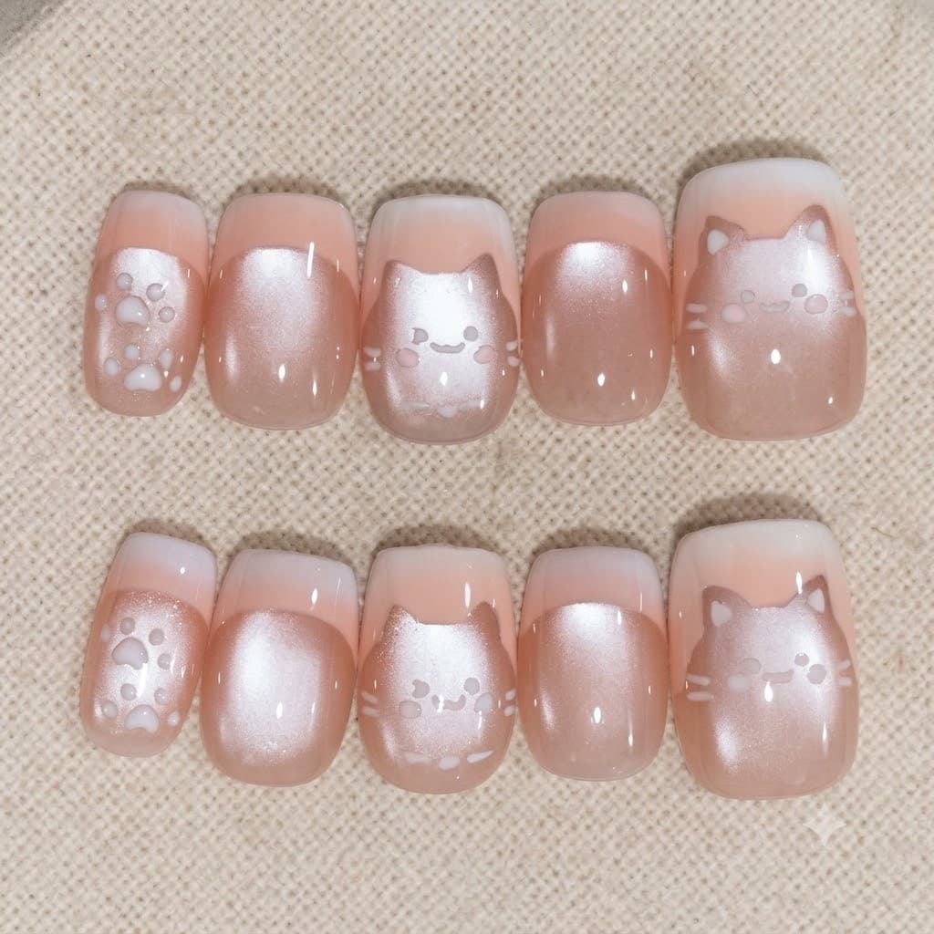 Sweet and Cute Kitten 3D Glass Bead French Cat Eye Press-On Nails Pure Desire Short Square False Nails Manicure Stickers