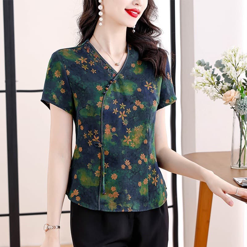 High-Quality Age-Defying Slimming Silk Cloud Gauze Top for Middle-Aged Women, Mulberry Silk T-Shirt, Chinese Style, Summer New Arrival