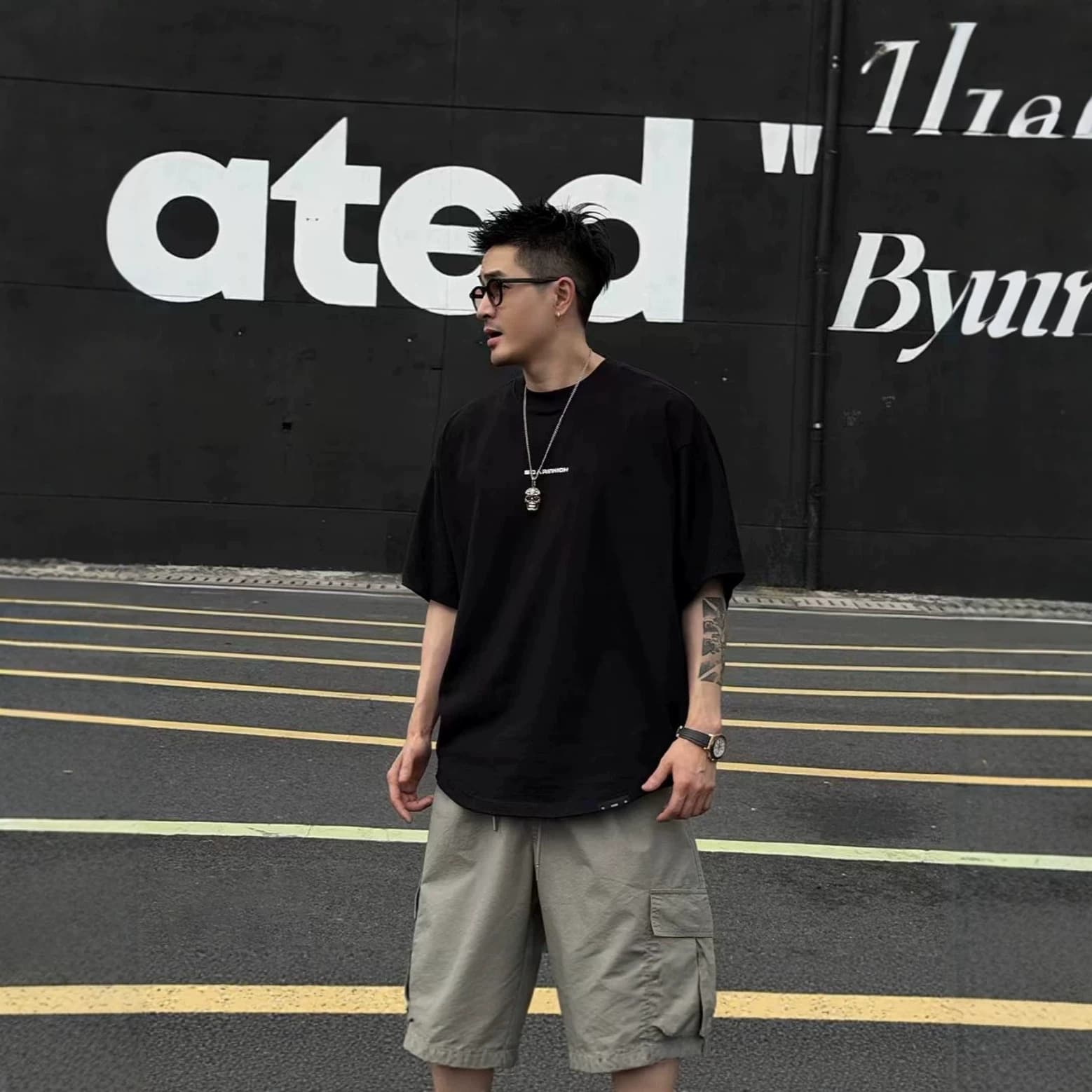2026 Loose Short Sleeve Double Sand Cotton Letter Print T-Shirt Oversize Drop Shoulder Wide Batwing Sleeve