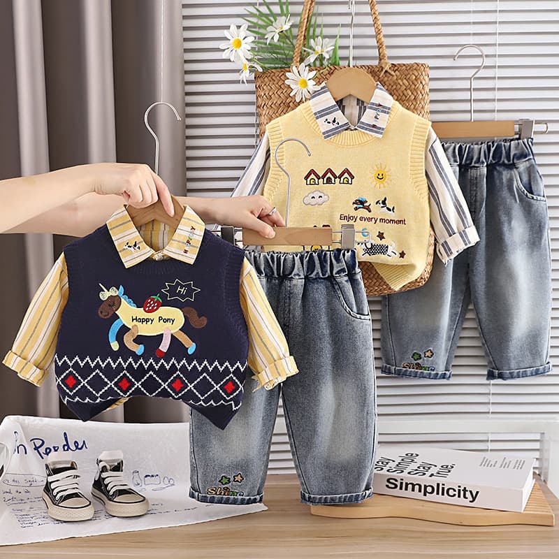 Boys Spring and Autumn Suit 2026 New Children's Sweater Vest Shirt Jeans Baby Fashionable Autumn Three-piece Set
