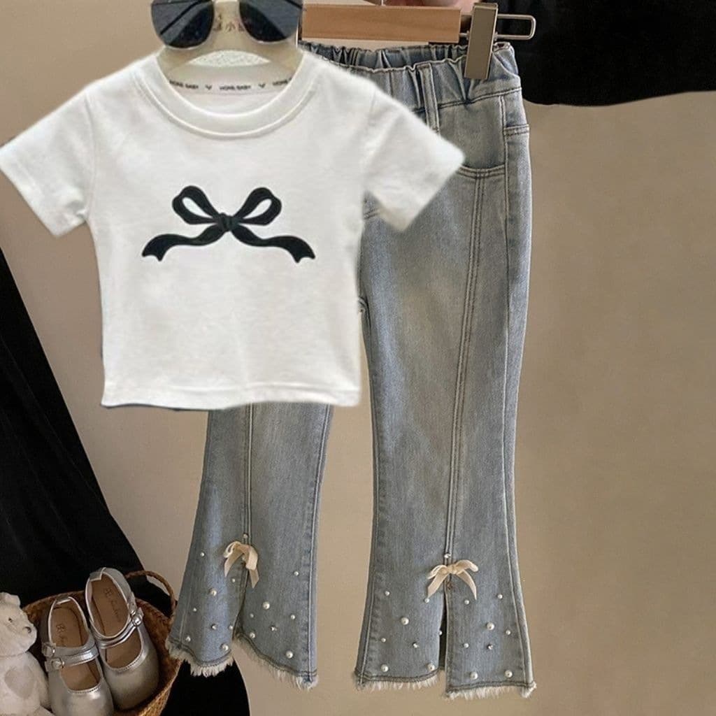 Girls Summer Set Children Short Sleeve Spring Summer Jeans Two Piece Set Big Girl Summer Fashion