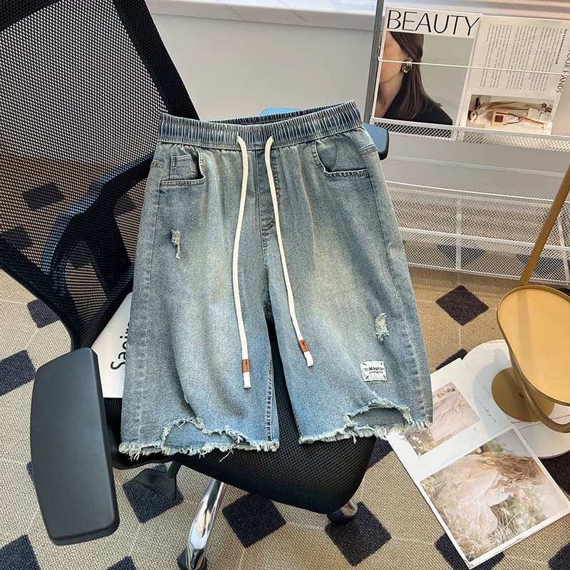 Plus Size Distressed High-Waist Elastic Denim Shorts for Women, Simple Casual Lightweight 5-Inch Inseam