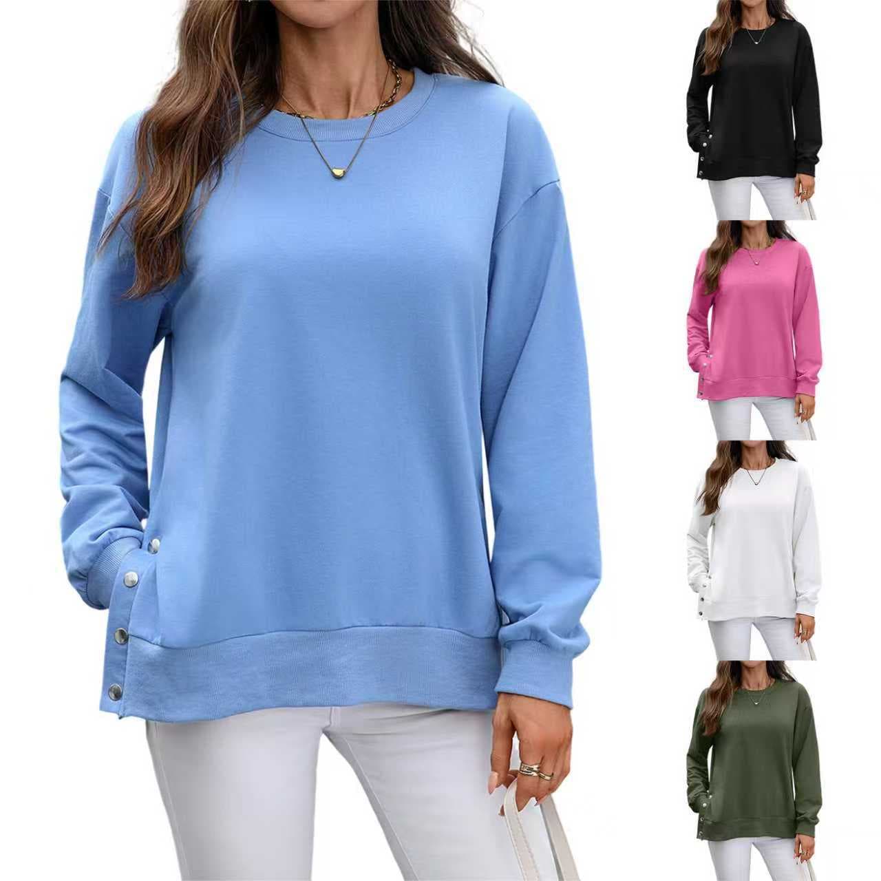 2025 Amazon Autumn/Winter New Solid Color Long Sleeve Top for Women, Versatile Round Neck Split Hem Sweatshirt