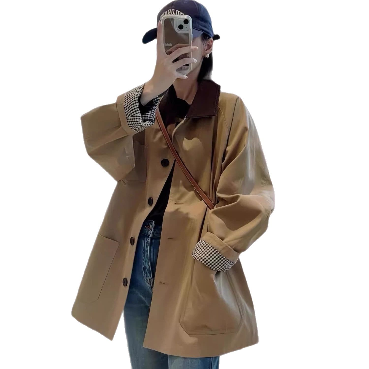 2025 Spring/Autumn New Trench Coat for Petite Women, Mid-Length, Casual Loose Fit, Contrast Color Korean Style Jacket Trend