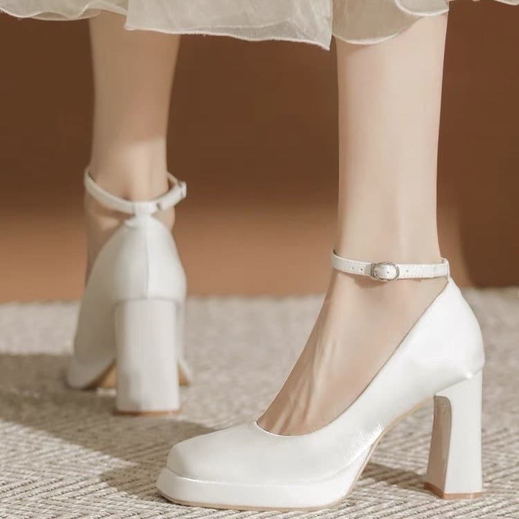 White Waterproof Platform High Heels for Women, Chunky Heel, Mary Jane Square Toe Bridal Shoes, Wedding Shoes, Single Shoes for Women, Spring and Autumn