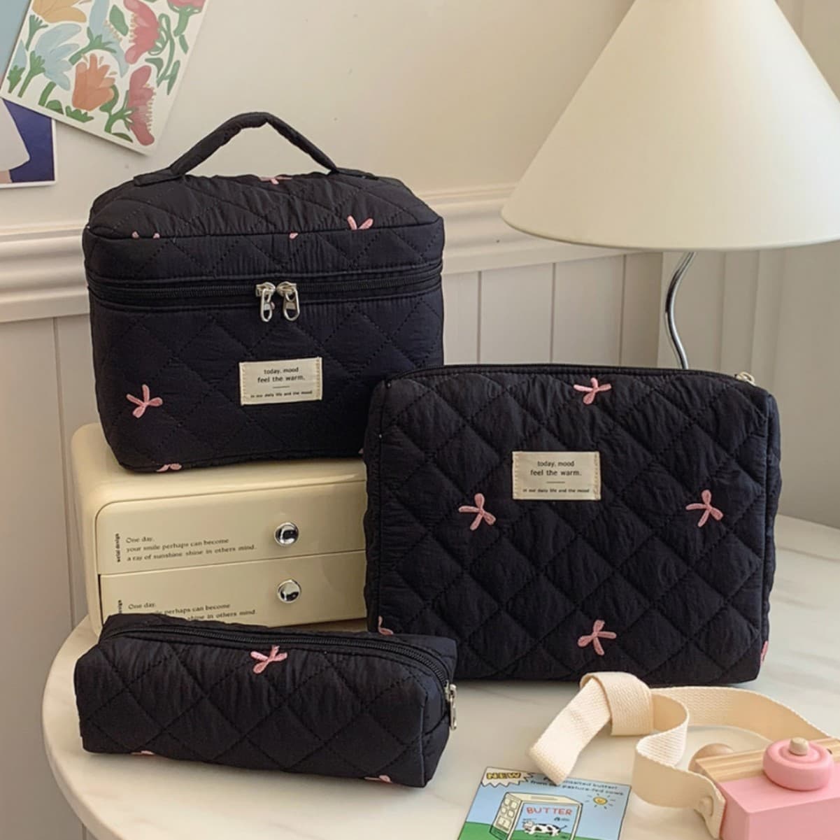 Cosmetic bag handbag cross-border embroidered bow cute large capacity toiletry bag skin care product storage bag pencil bag for women