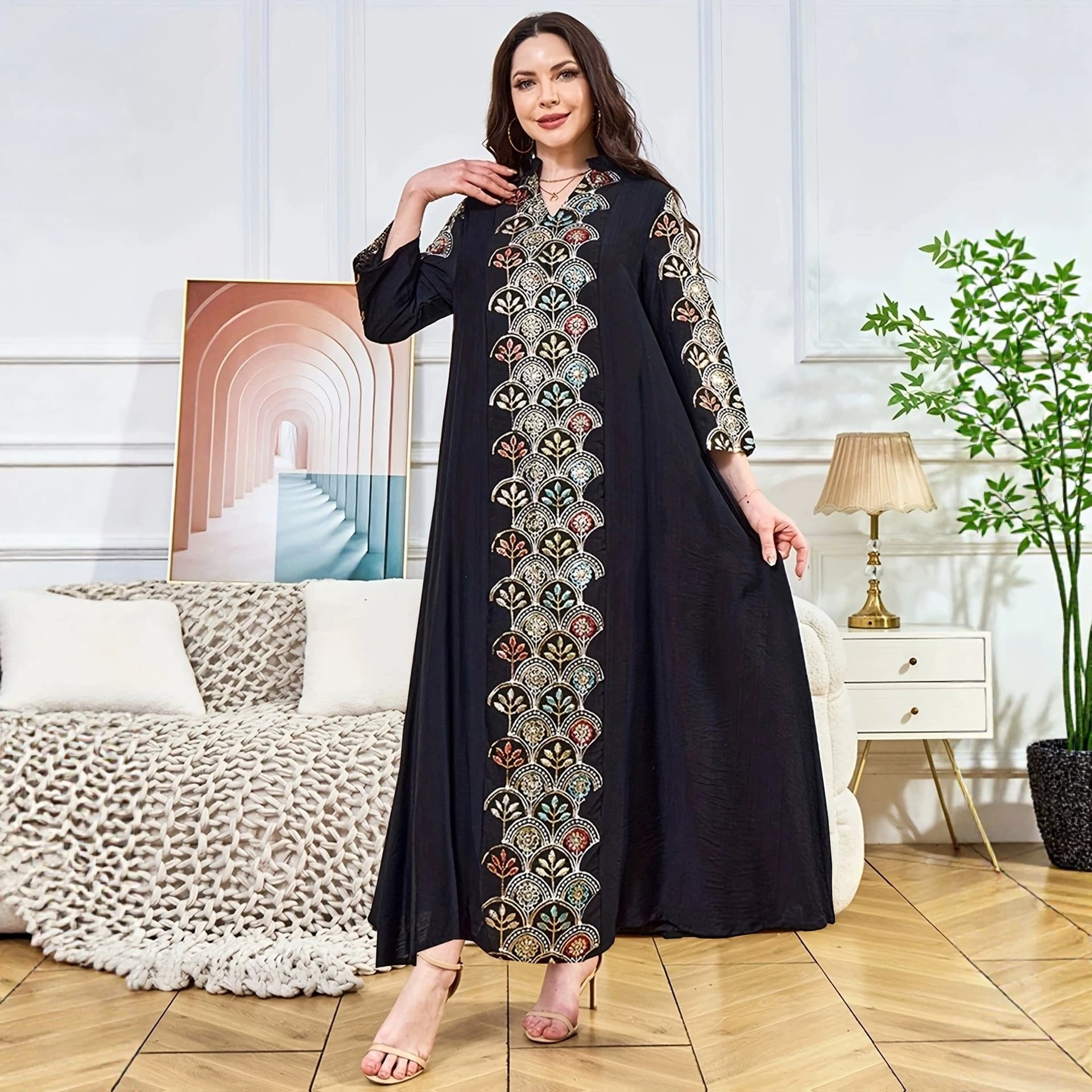 Cross-Border Fashion Elegant Long Dress, Loose Women's V-Neck Sequin Long Sleeve Dress Clothing Factory