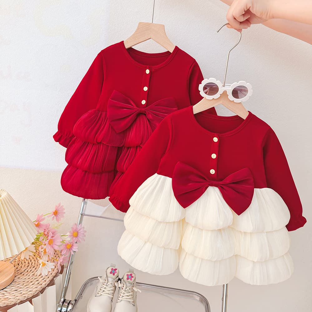 Children's new autumn princess dress baby girl long-sleeved red Christmas dress round neck New Year dress