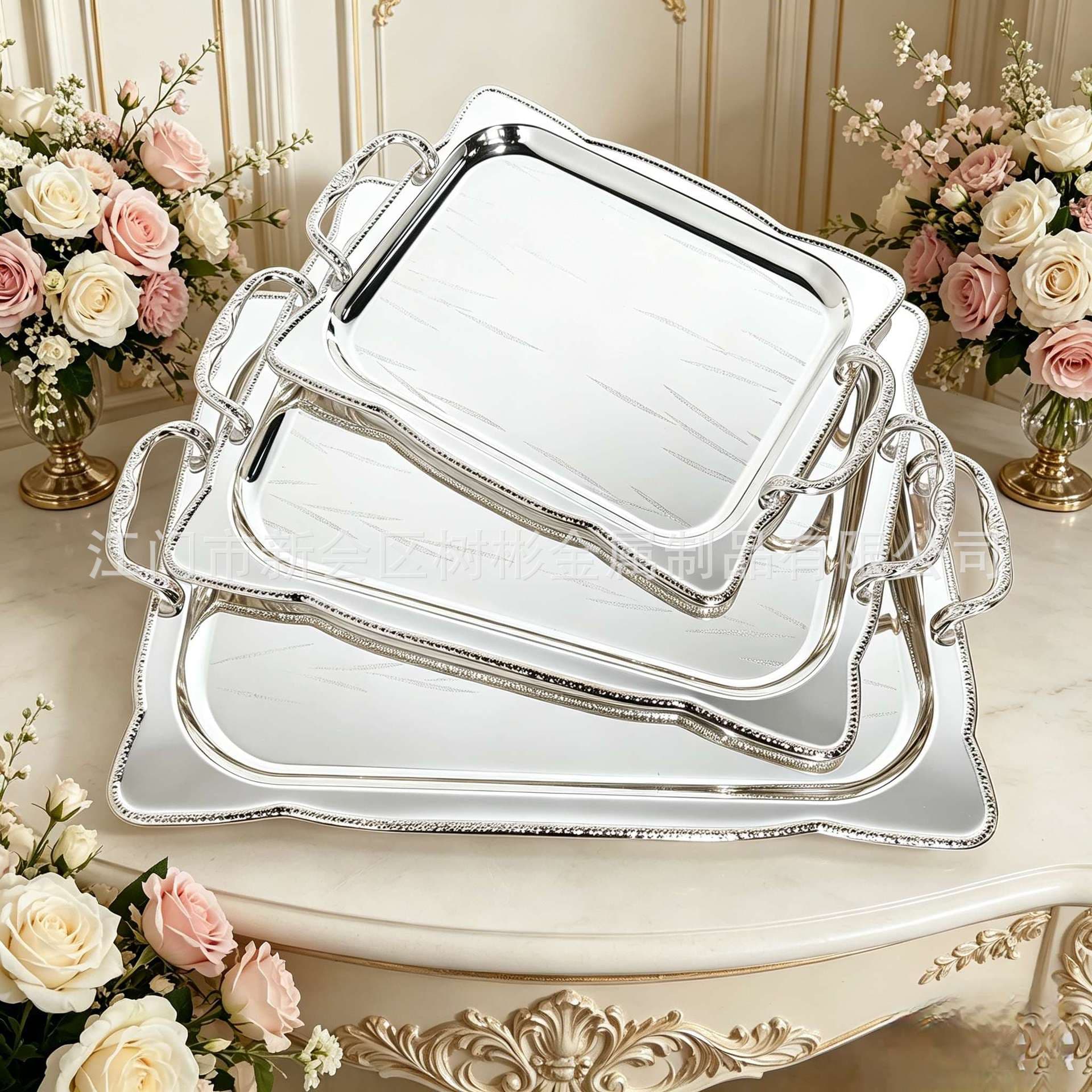 Factory Export Cross-Border Middle East Mirror Tray European Silver-Plated Simple Metal Iron Tray for Hotel and Home Wholesale