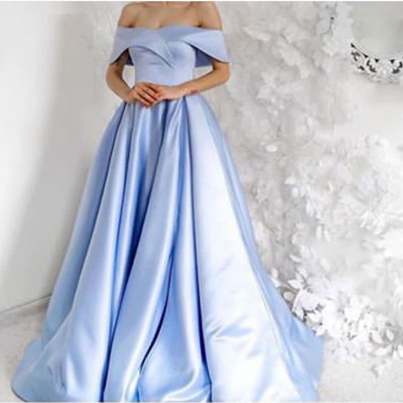 Amazon AliExpress European and American Trade Satin Elegant Multi-Color Plus Size Evening Gown Party Dress Off-Shoulder Light Blue