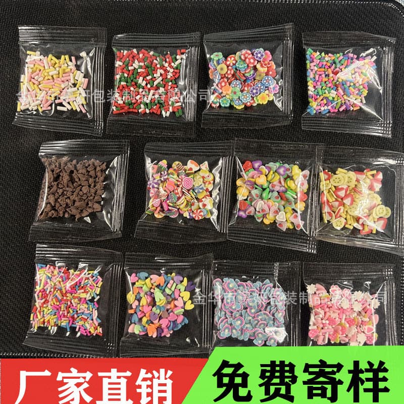 Simulated ice cubes, polymer clay, coffee crumbs, fruit slices, sugar granules, powdered sugar, food toy clay
