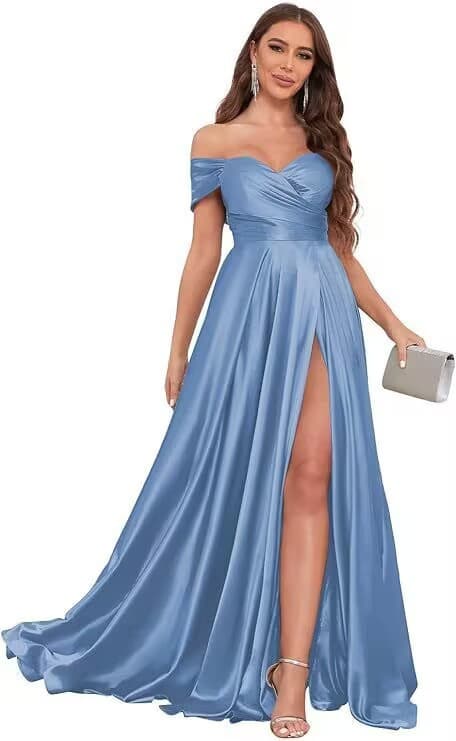 AliExpress Elegant Evening Dress Fashionable Off-Shoulder Simple Satin Design Side Slit European and American Party Dress