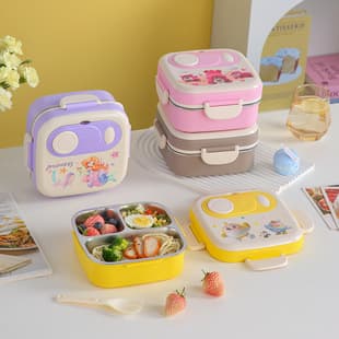 304 Stainless Steel Lunch Box Bento Box Three-Grid Four-Grid Student Cartoon Cute Lunch Box with Lid with Cutlery