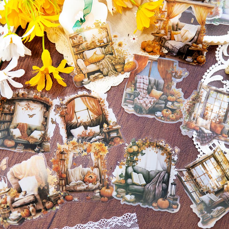 Yanji Cozy Cottage Series PET Collage Sticker Sheets, 10 Sheets, Coffee House Theme Journal DIY Supplies, 6 Designs