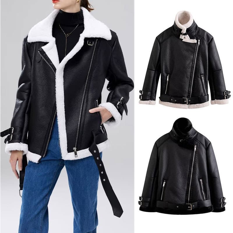 Cross-Border Women's Clothing Manufacturer Wholesale 2025 New Thickened Warm Long-Sleeve Zippered Leather and Fur Integrated Loose Motorcycle Jacket