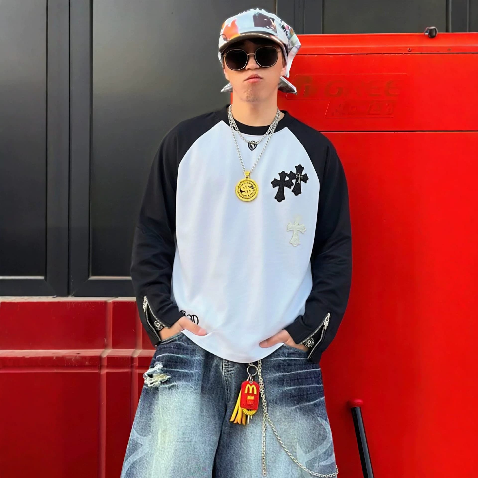 Trendy brand Crow long-sleeved T-shirt men's patch cross hot diamond T-shirt heavy CH men's light luxury high-end pure cotton T-shirt