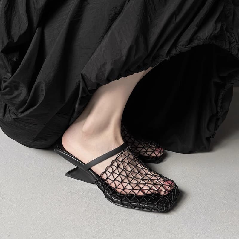 2026 New Niche Design Fishnet Half-Slippers with Woven Mesh, Hollow-Out Irregular High Heels for Women