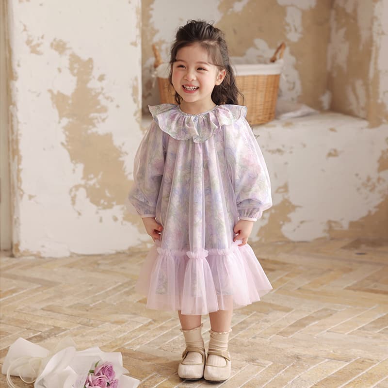 Girls' Dress 2026 Spring New Long Sleeve Tulle Skirt Korean Style Cotton Printed Dress for Toddlers and Kids Fashionable Tulle Skirt