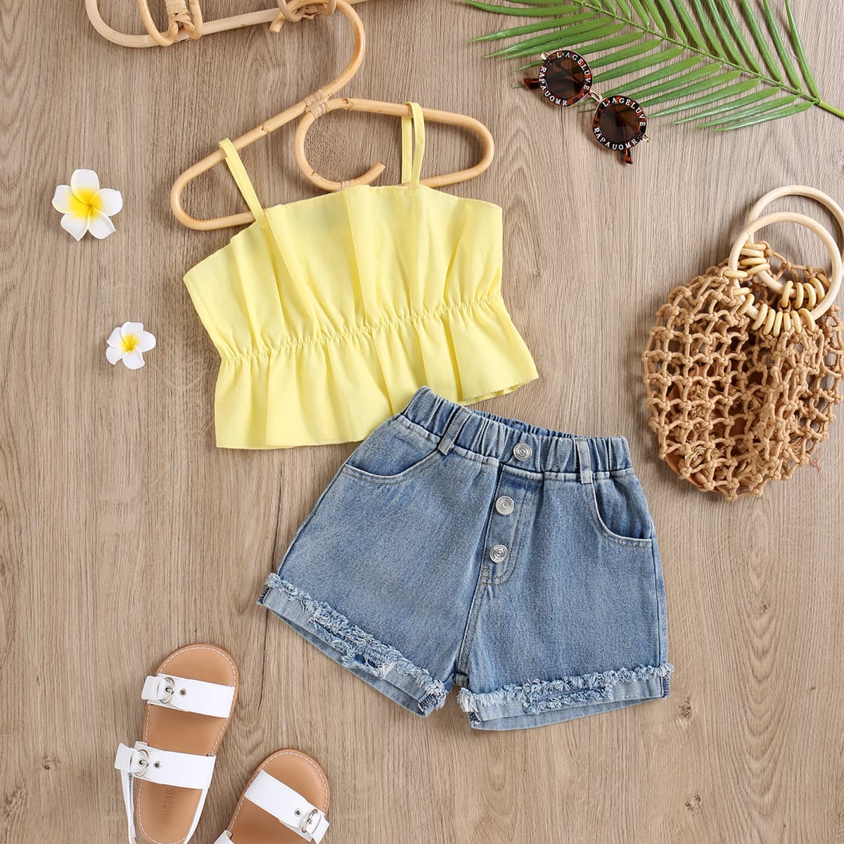 2022 Children's Weartank Splice 3D Vest Top Water Sanding Denim Shorts Women's Medium Small Suit Sleeveless China Origin