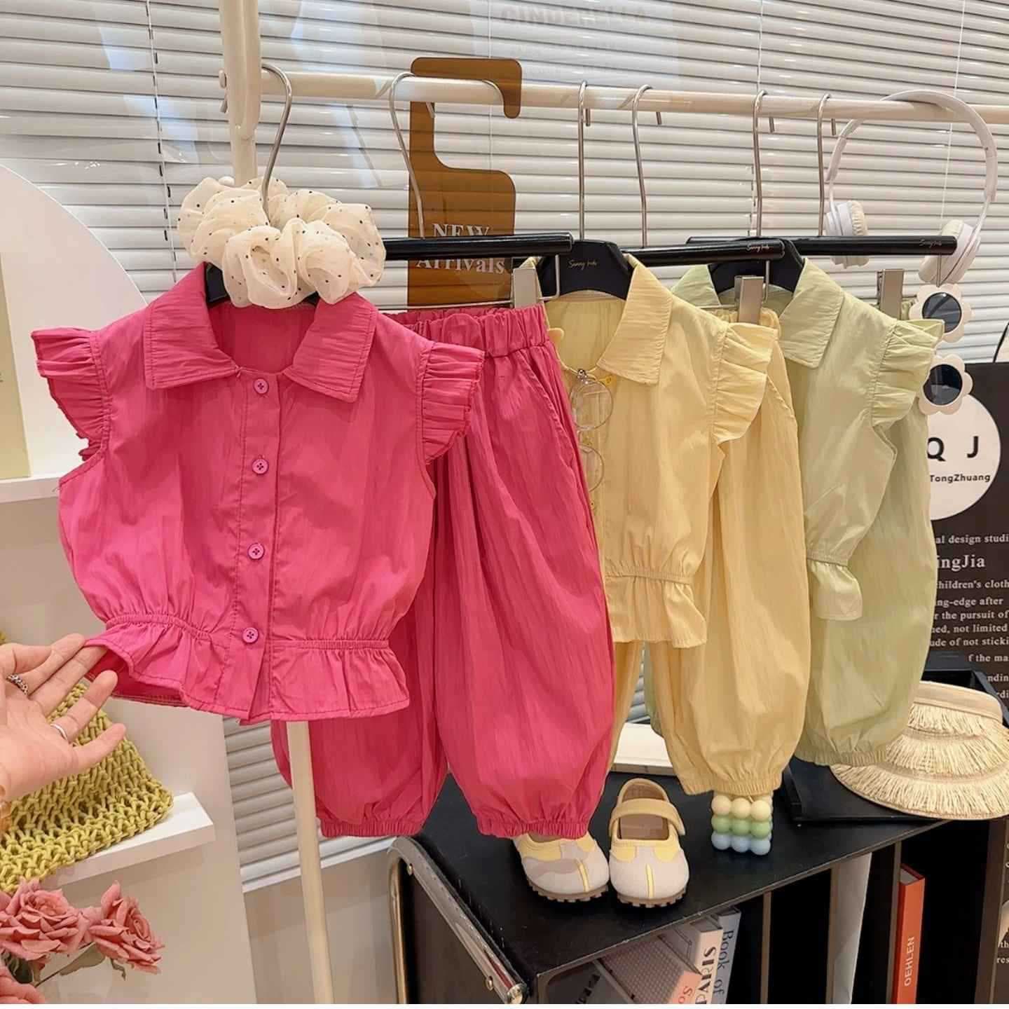 2026 Summer Girls Sweet Fashion Casual Korean Style Ruffle Flutter Sleeve Solid Color Set
