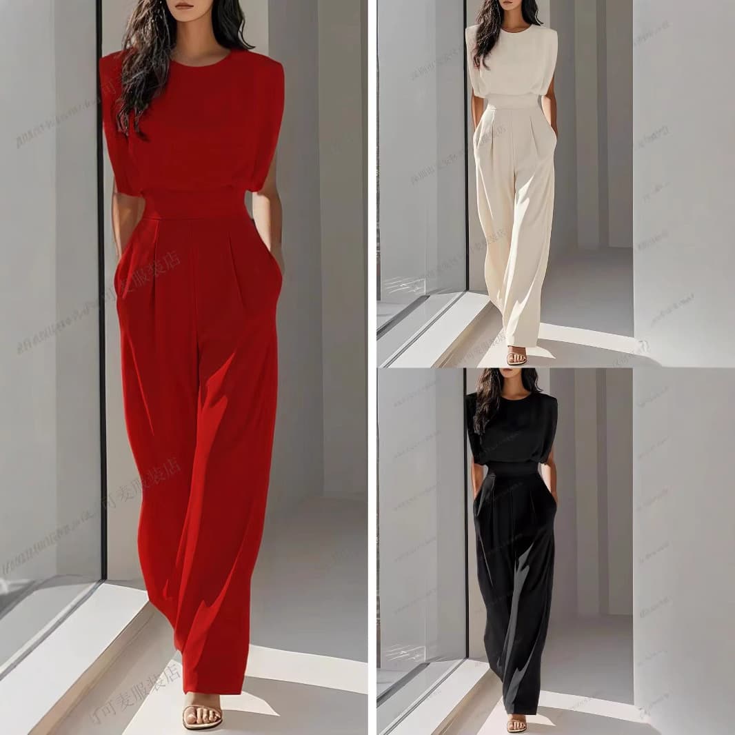 Cross-Border Foreign Trade European and American Style New Women's Fashion Elegant Mature Style Summer Solid Color Waist-Cinching Slimming Jumpsuit