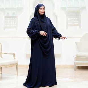 Export Women's Two-Piece Set Robe with Beaded Sleeves Casual Long Dress Solid Color Head Scarf Cross-Border Women's In Stock P555