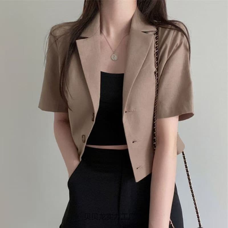 Korean Style Casual Short Sleeve Solid Color Blazer for Women, Summer Thin Loose Short Jacket, Petite Top