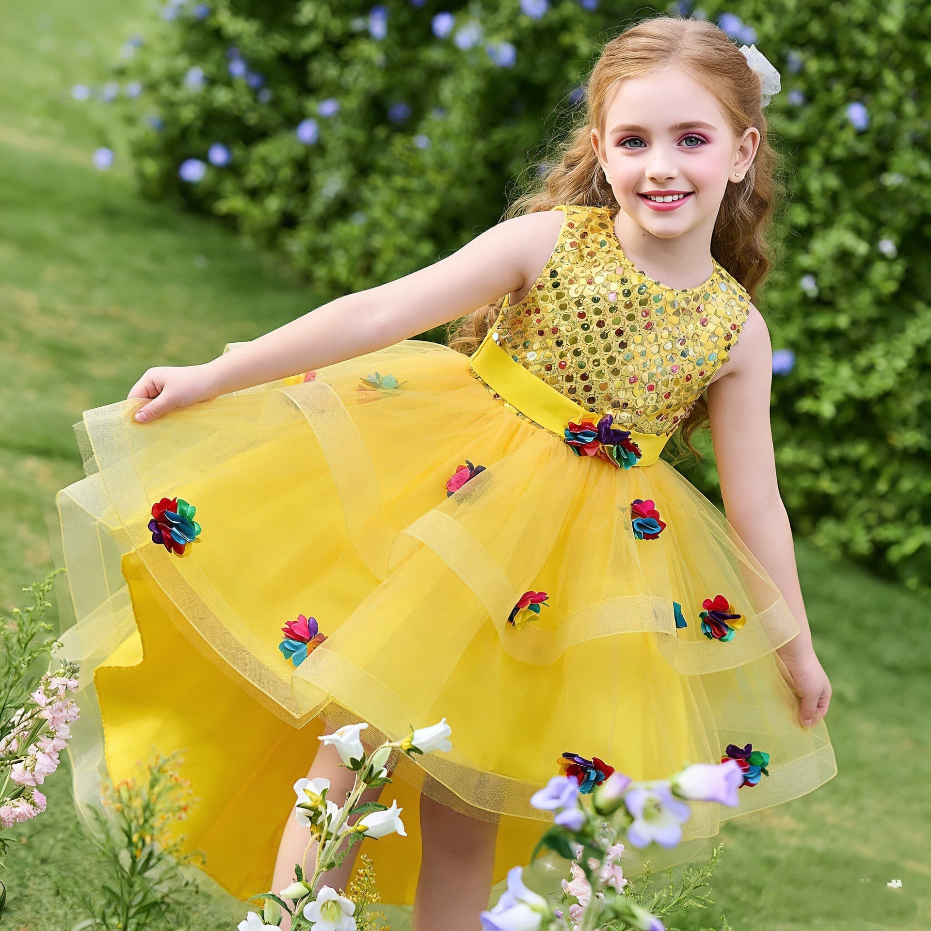 European and American Children's Formal Dress Flower Little Host Trailing Dress School Performance Dress Baby Dress Wholesale