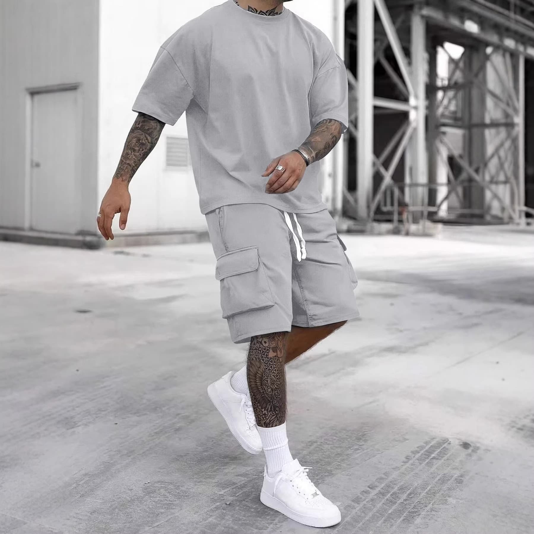 Cross-border foreign trade temu shein Amazon men's summer T-shirt overalls five-point pants sports suit two-piece set