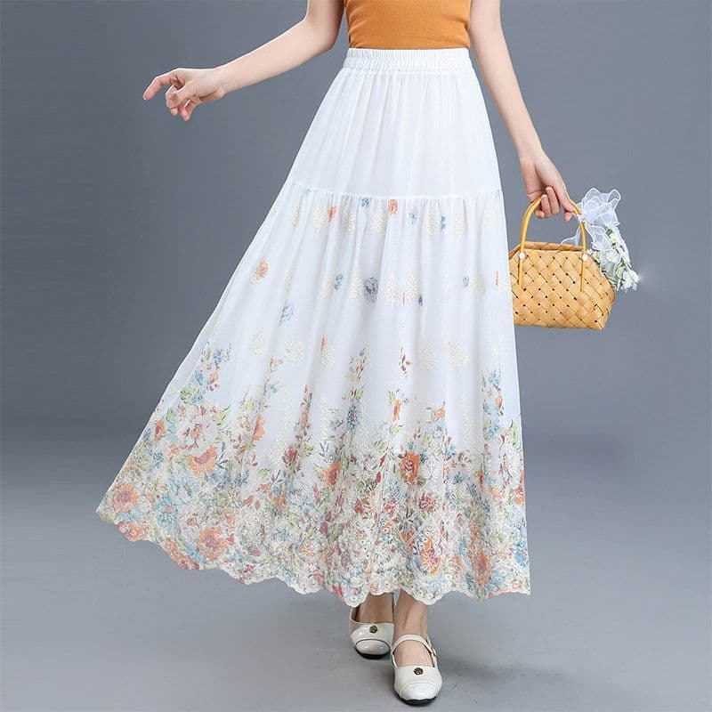 New Chinese Ethnic Style Embroidered Floral Hollow Out Skirt for Women Spring 2026 High Waist Pleated Loose A-Line Maxi Skirt