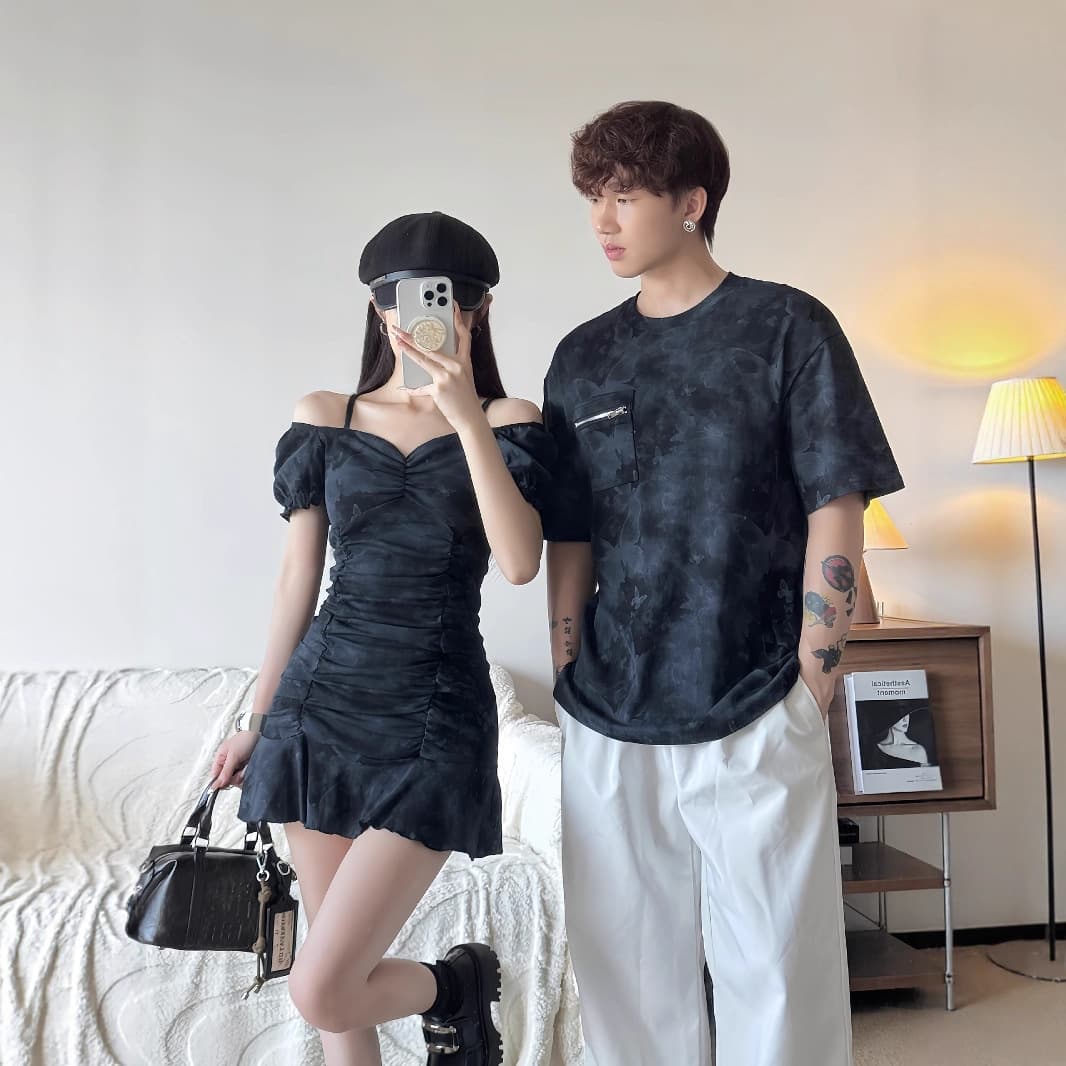 2025 new summer couple wear, one dress and one dress, short tight hot girl dress for women, short-sleeved T-shirt for men