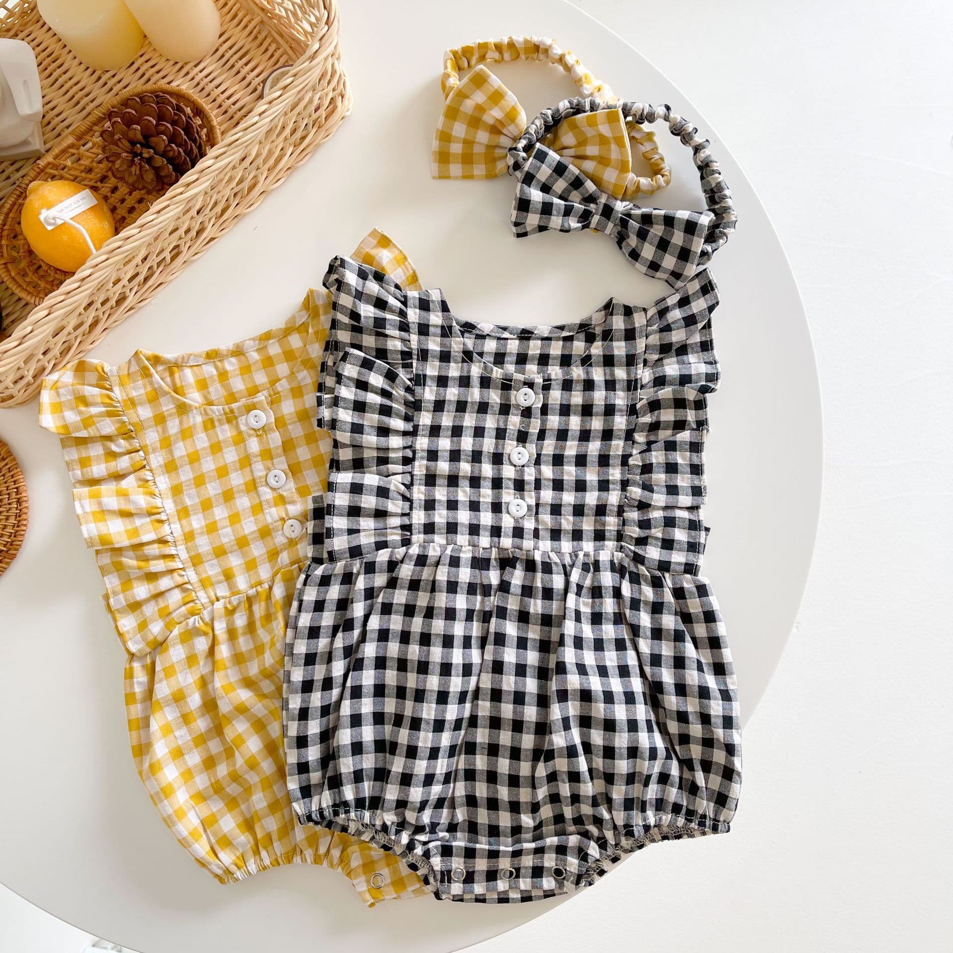 Summer Sweet Baby Girl Clothes 1-3 Years Romper Bow Headband Plaid Going-Out Bodysuit Crawling Suit