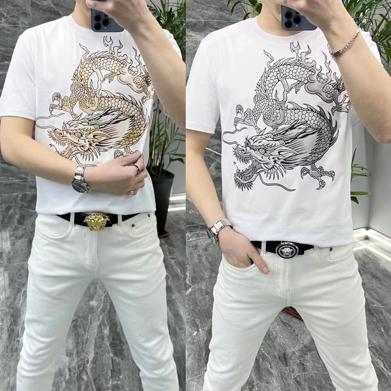 Summer trendy fashionable men's short-sleeve round neck T-shirt, personalized dragon print diamond embellishment, versatile concealing casual half-sleeve.