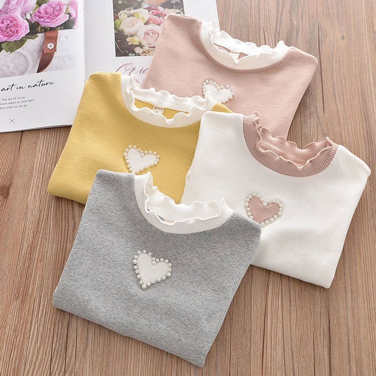 Cross-border Girls Fleece Lined Fall Winter Base Layer Top Children Ruffle Collar Stretch Fashion T-Shirt Outer Wear Top Girls Heart