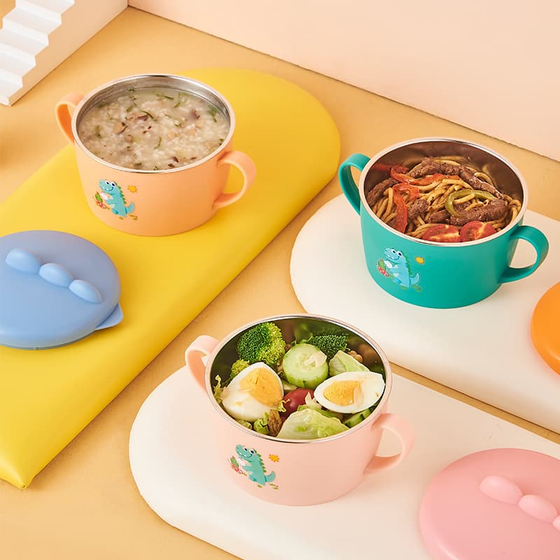 Creative New Elementary School Student Soup Bowl Kids Stainless Steel Bowl Tableware Baby Double Ear Bowl Set Rice Bowl with Handle Cup