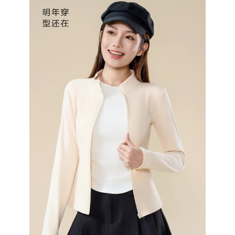 Autumn/Winter Korean-style Fishbone Cardigan Stand Collar Base Layer Thickened Dralon Long Sleeve Waist-Tied Yoga Top