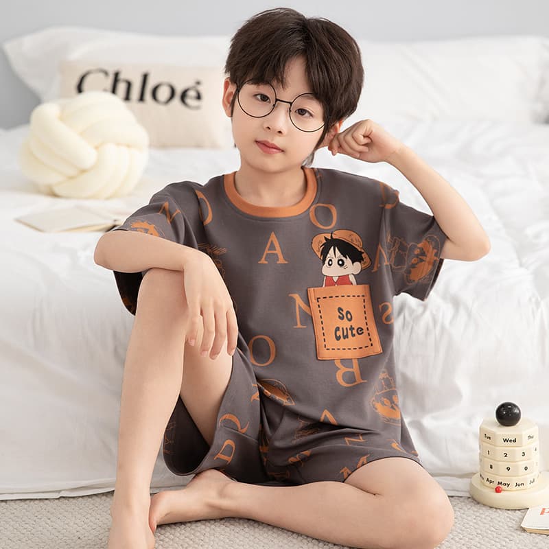 100% Cotton Boys' Pajamas Short Sleeve Summer Thin Cartoon Kids' Air Conditioning Homewear Boys Middle and Big Kids Set