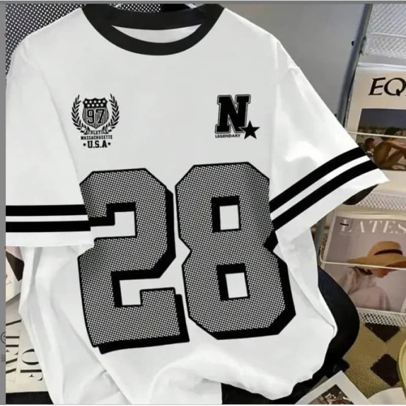 2025 American High Street Casual Baseball Collar Contrast Color Short Sleeve Long Sleeve T-Shirt Women's Summer Loose Printed Half Sleeve