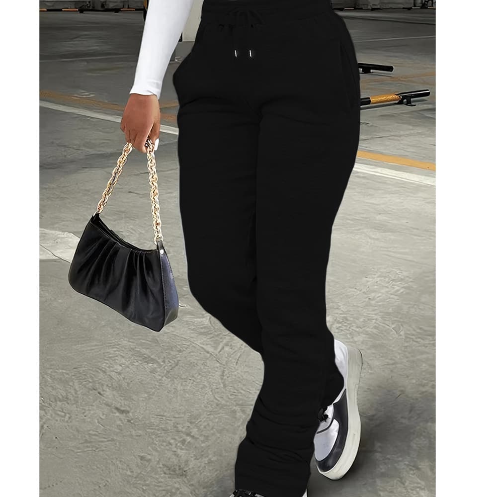 3555 Solid Color Stacked Pocket Drawstring Front Pants, Spring/Summer Casual Loose Pants, Women's Stacked Pants