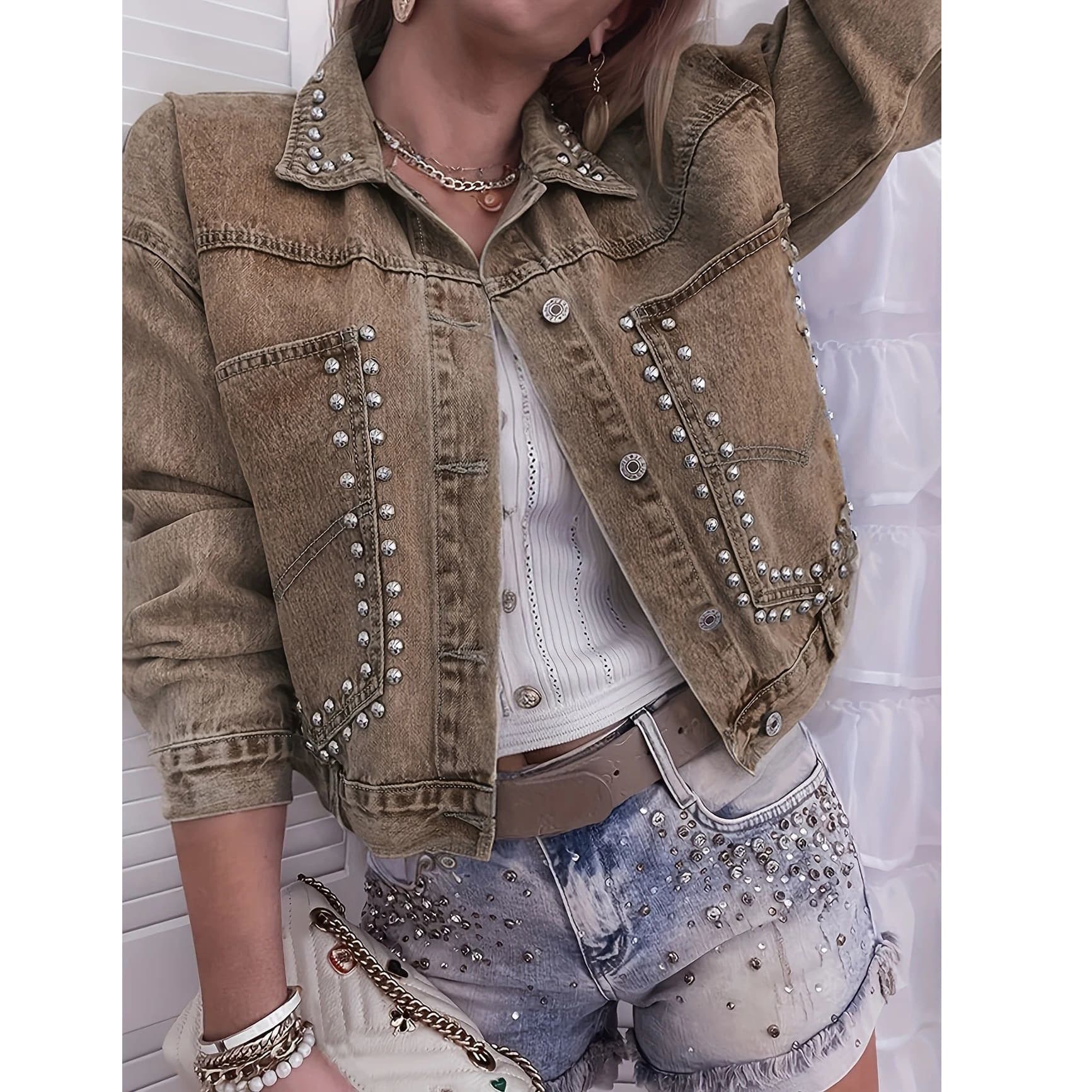 New Cross-Border Plus Size Women's Fashion Denim Top with Beaded Decoration, Stretch Denim Jacket
