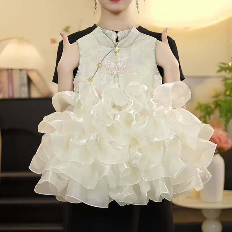 Girls' Chinese Style Dress, Gorgeous 2026 Summer New Arrival, Premium Green Vest Dress with Tulle Tutu Skirt