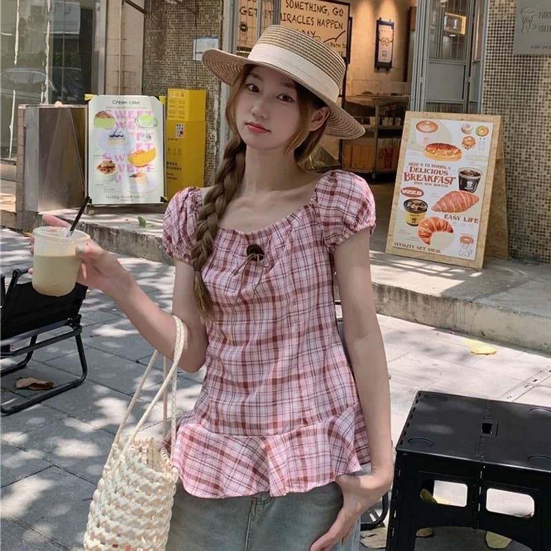 Plus Size Sexy Bubble Sleeve Plaid Shirt for Women Summer Irregular Waist-Slimming Off-Shoulder Top